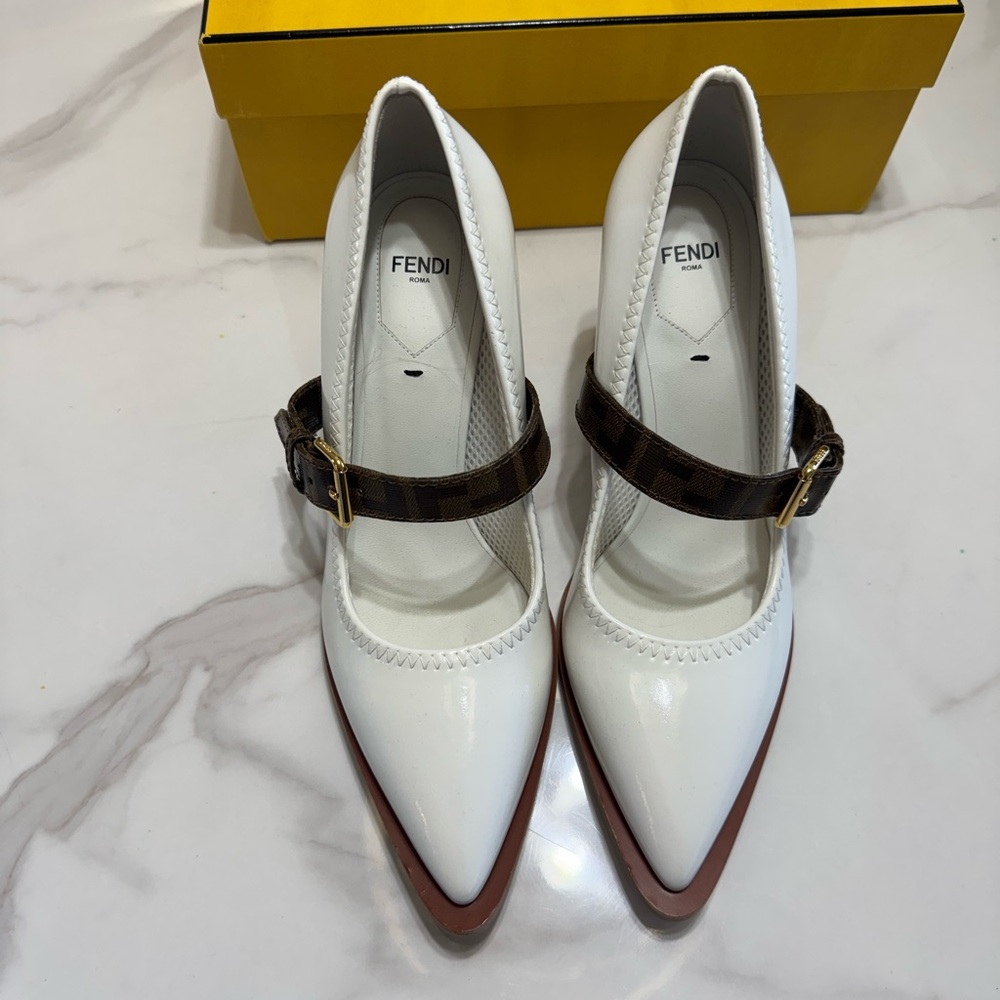 Fendi White Heels with Brown Accent Strap